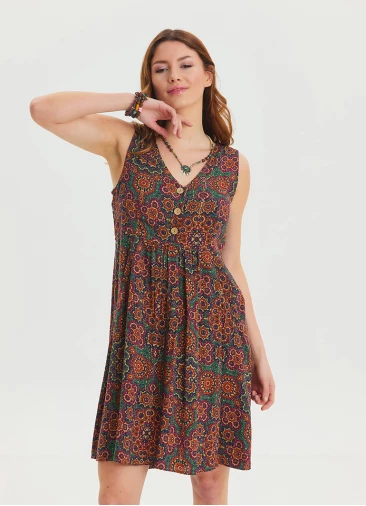 V Neck Button Detail Sleeveless Green Midi Dress 4576